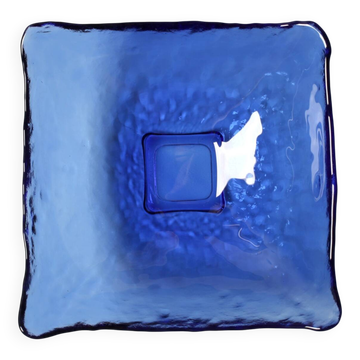 Bol carré vintage en verre bleu cobalt, plateau en verre italien / Italie / années 1970