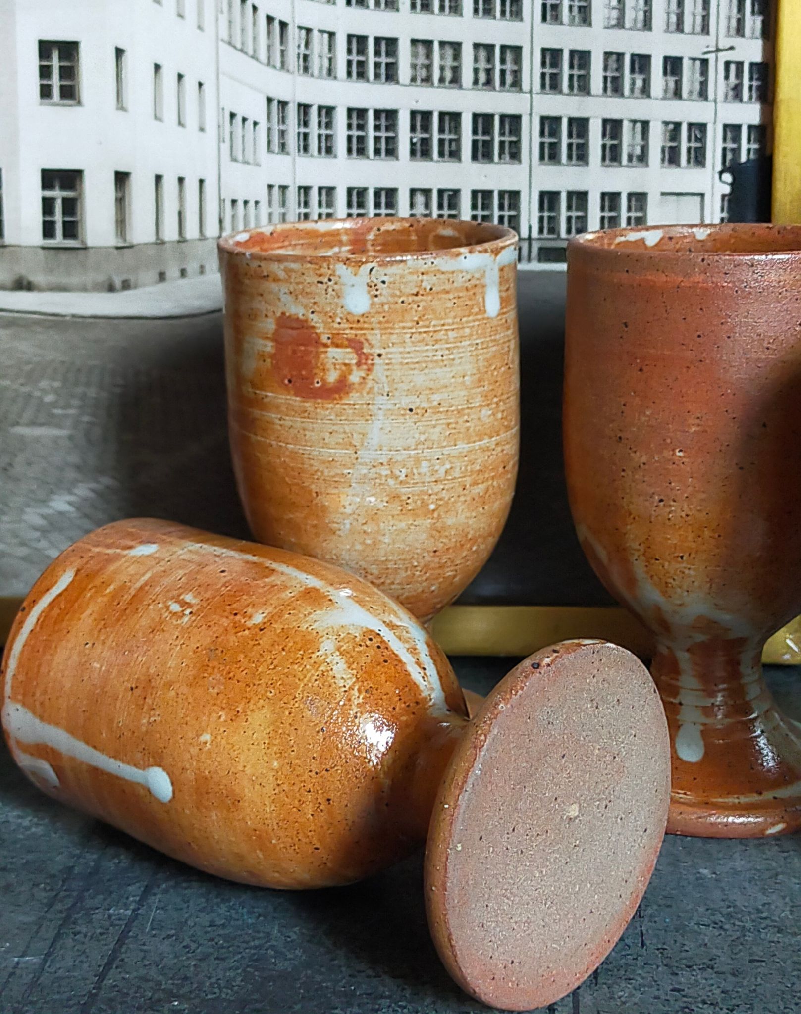 Four potter's mugs turned in vintage light stoneware