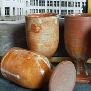 Four potter's mugs turned in vintage light stoneware