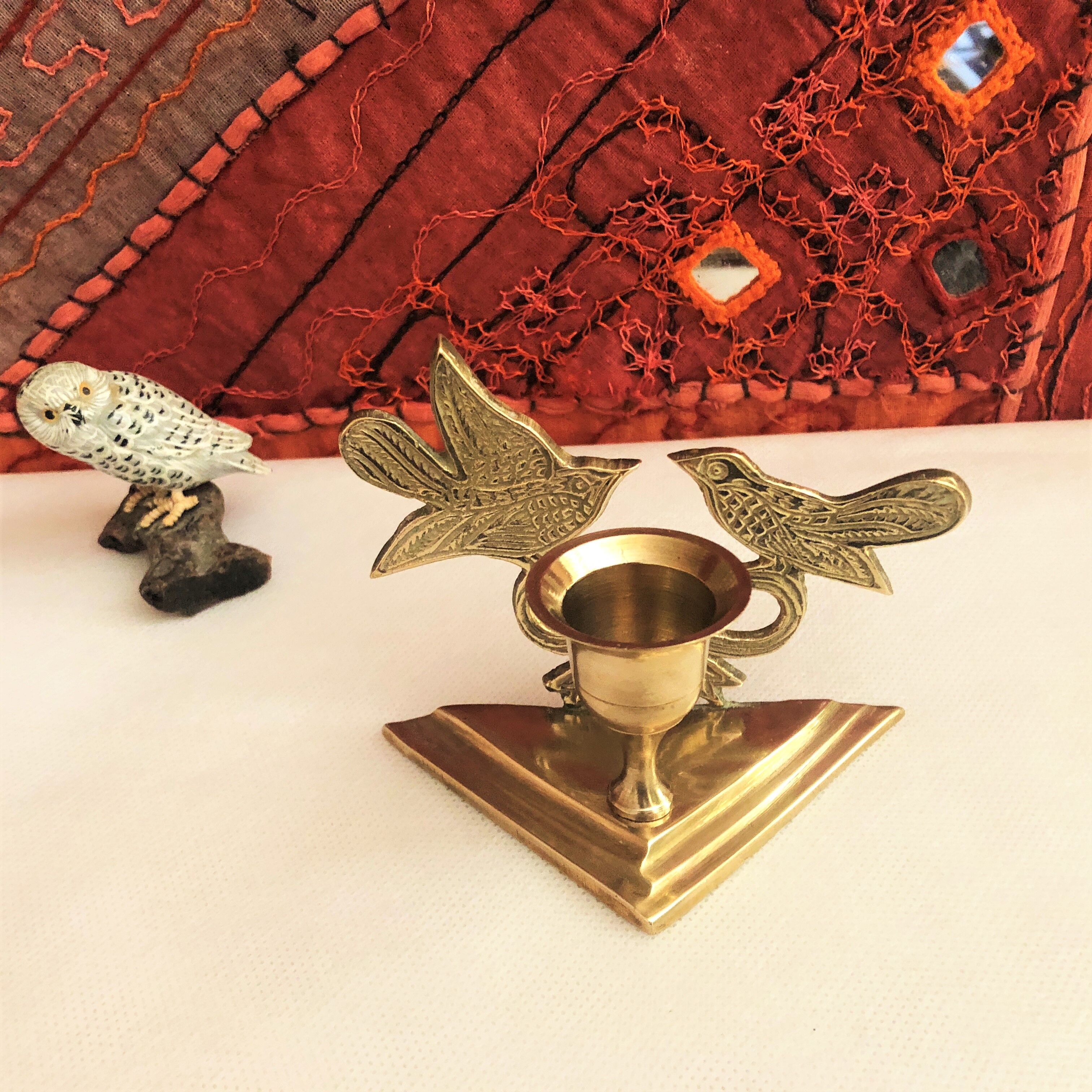 Bougeoir laiton doré décor oiseaux