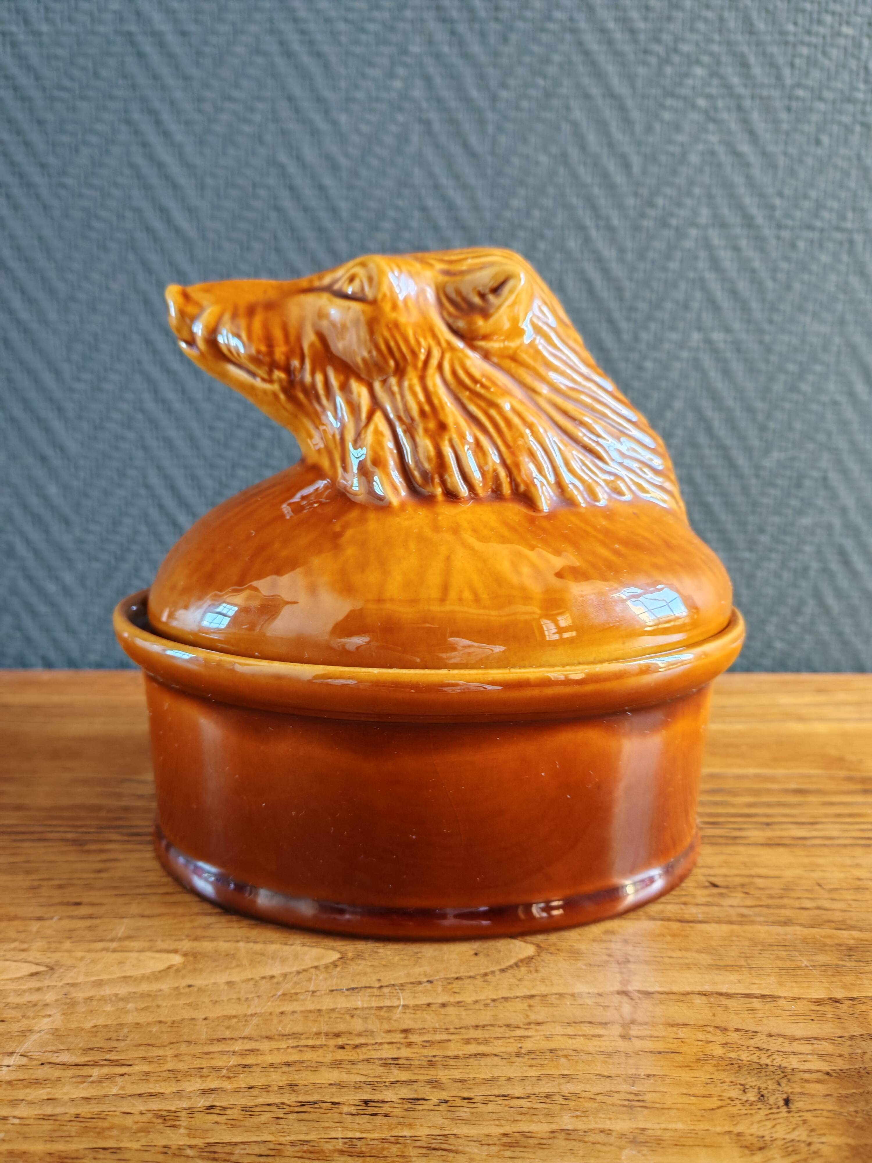 Terrine Vintage Tête de Sanglier en Céramique, Plat de Service Gibier