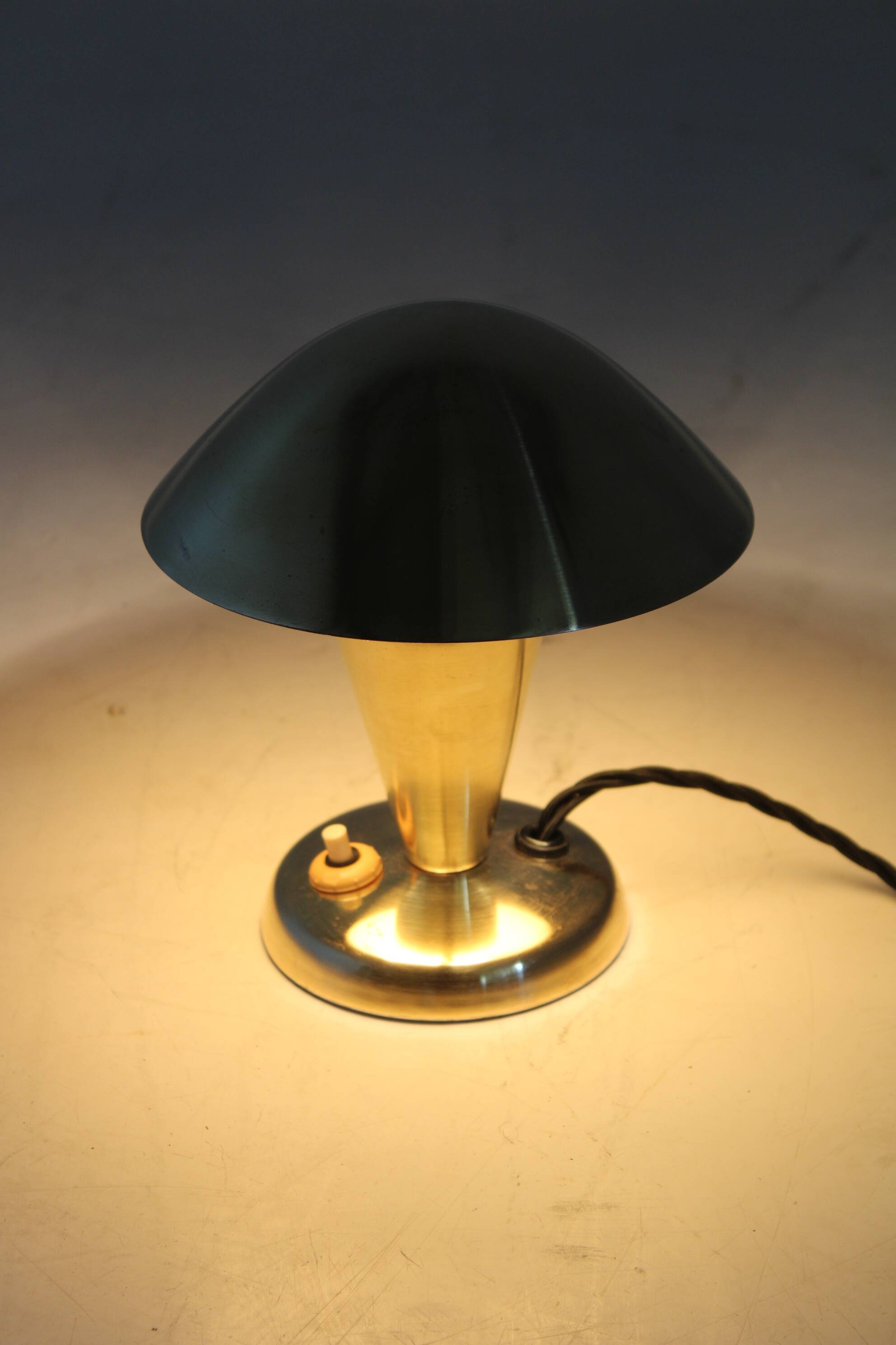 1930s Bauhaus Brass Finish "Mushroom" Table Lamp, Czechoslovakia