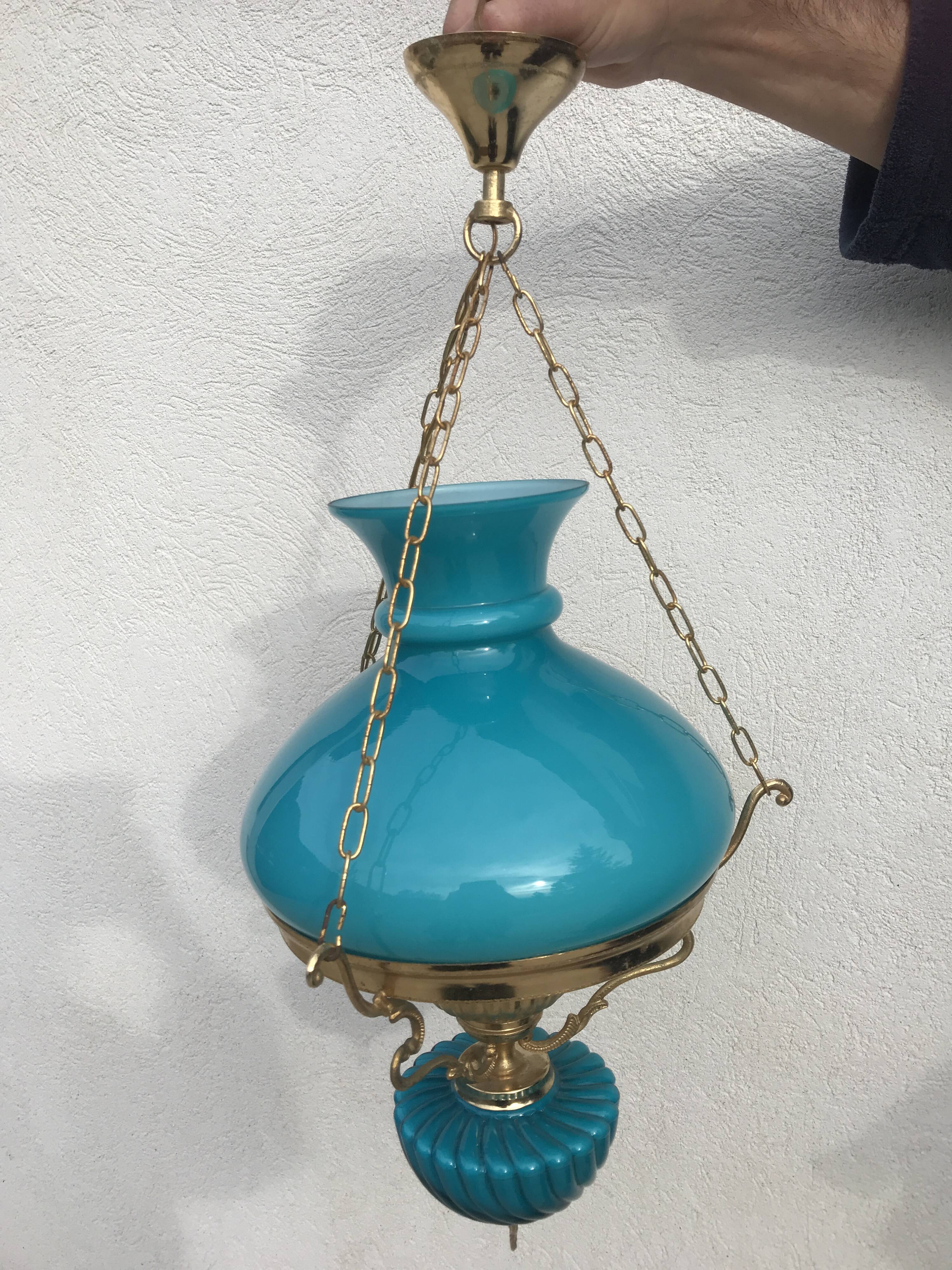 Pendant light in turquoise green opaline & brass