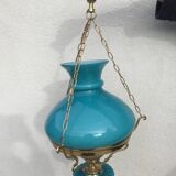 Pendant light in turquoise green opaline & brass