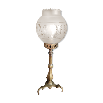 Lampe chevet salon globe verre sablé base laiton ancien vintage dp 0322015