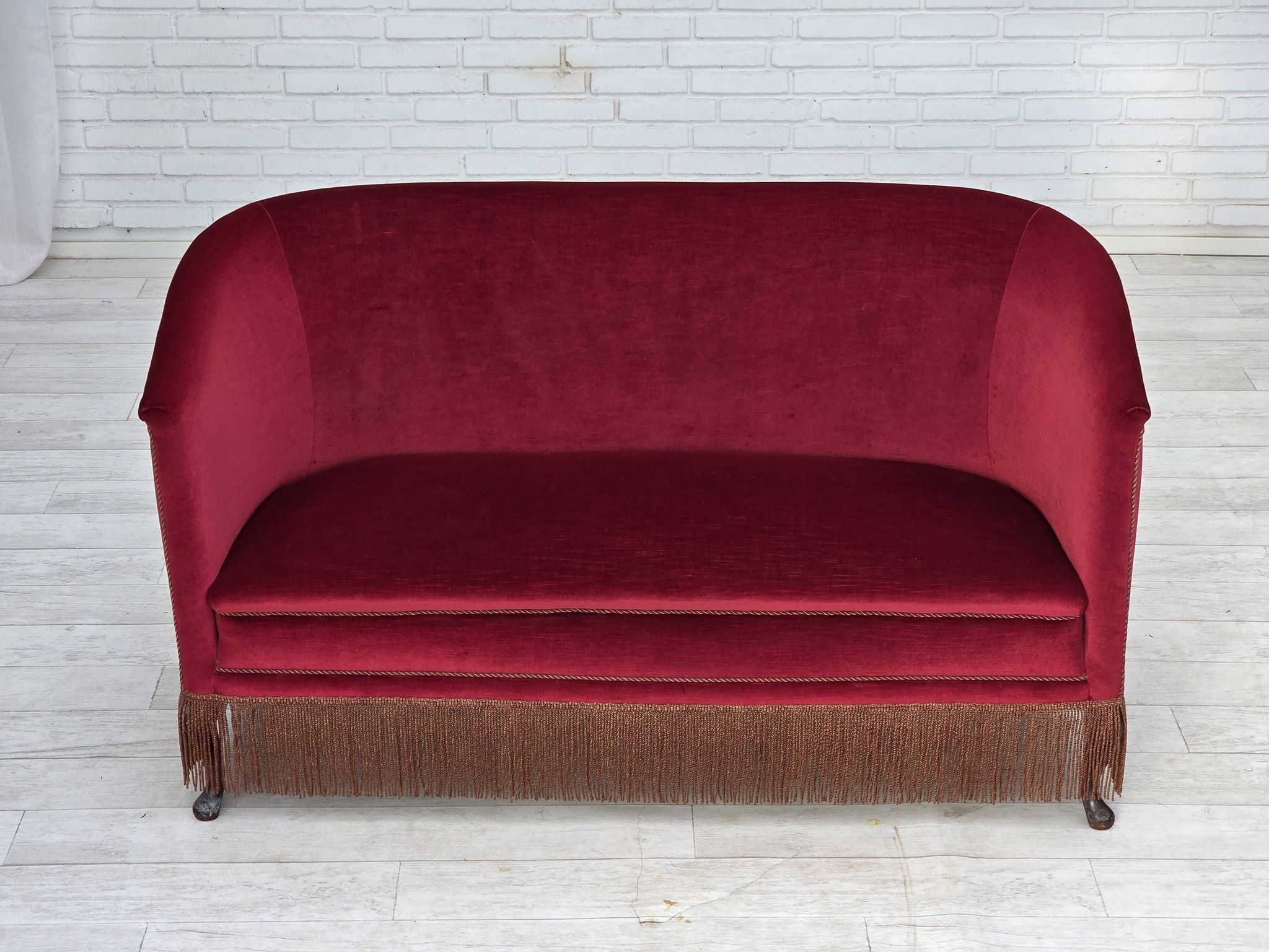 1960s, Danish 2-seater sofa, red furniture velour, ash wood legs.