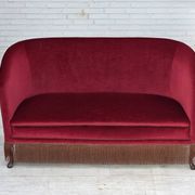 1960s, Danish 2-seater sofa, red furniture velour, ash wood legs.