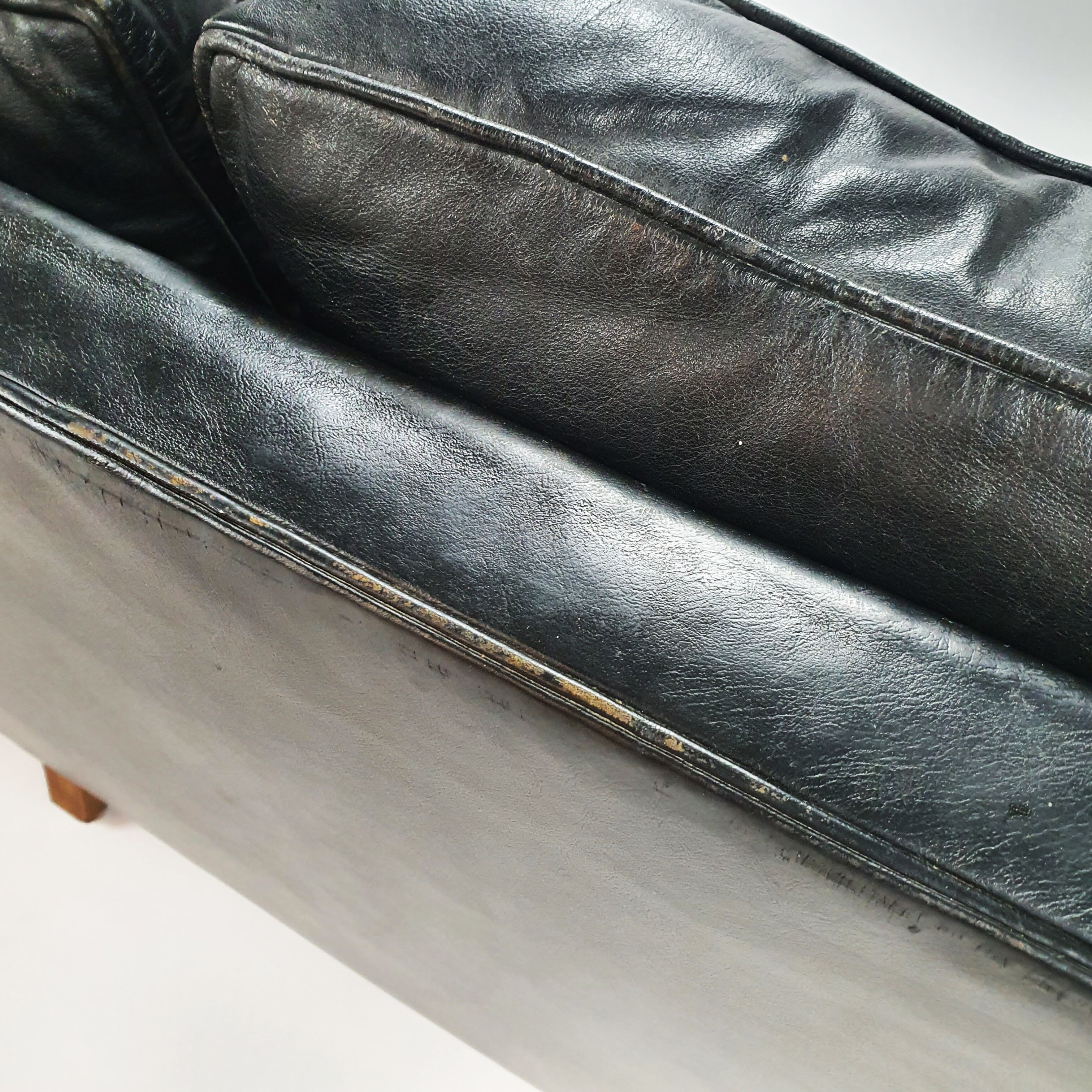 Mid century black leather scandinavian 3 seats sofa, 1950