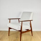 Armchair 'Lis', 1970s, white boucle, design by Henryk Lis - dark wood - 2 pieces available