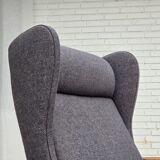 1970s, highback Danish armchair with footstool, furniture wool fabric, oak.
