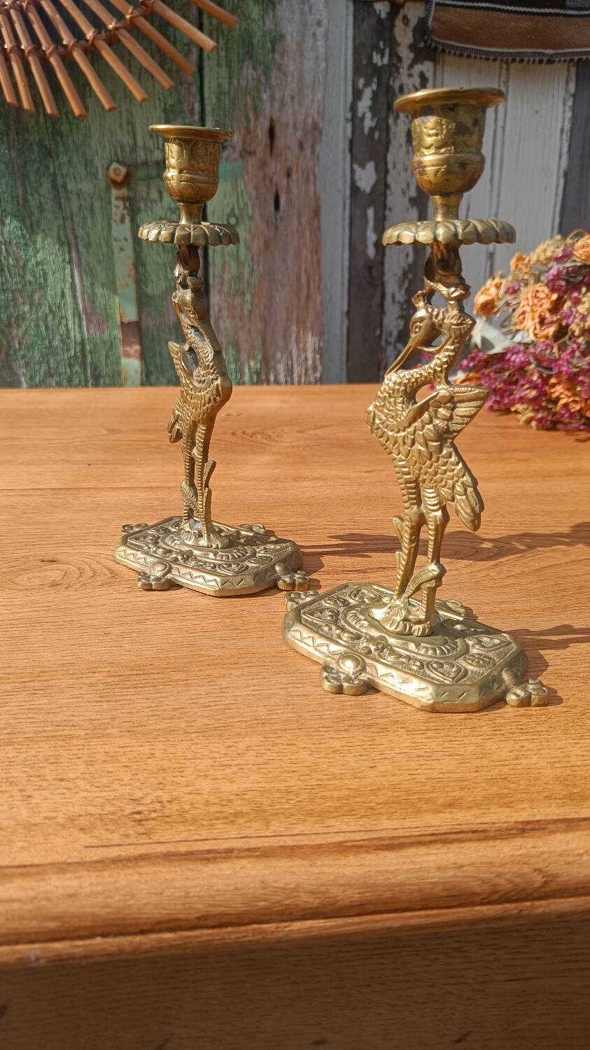 Bronze candlesticks, heron, Orientalist Art Deco