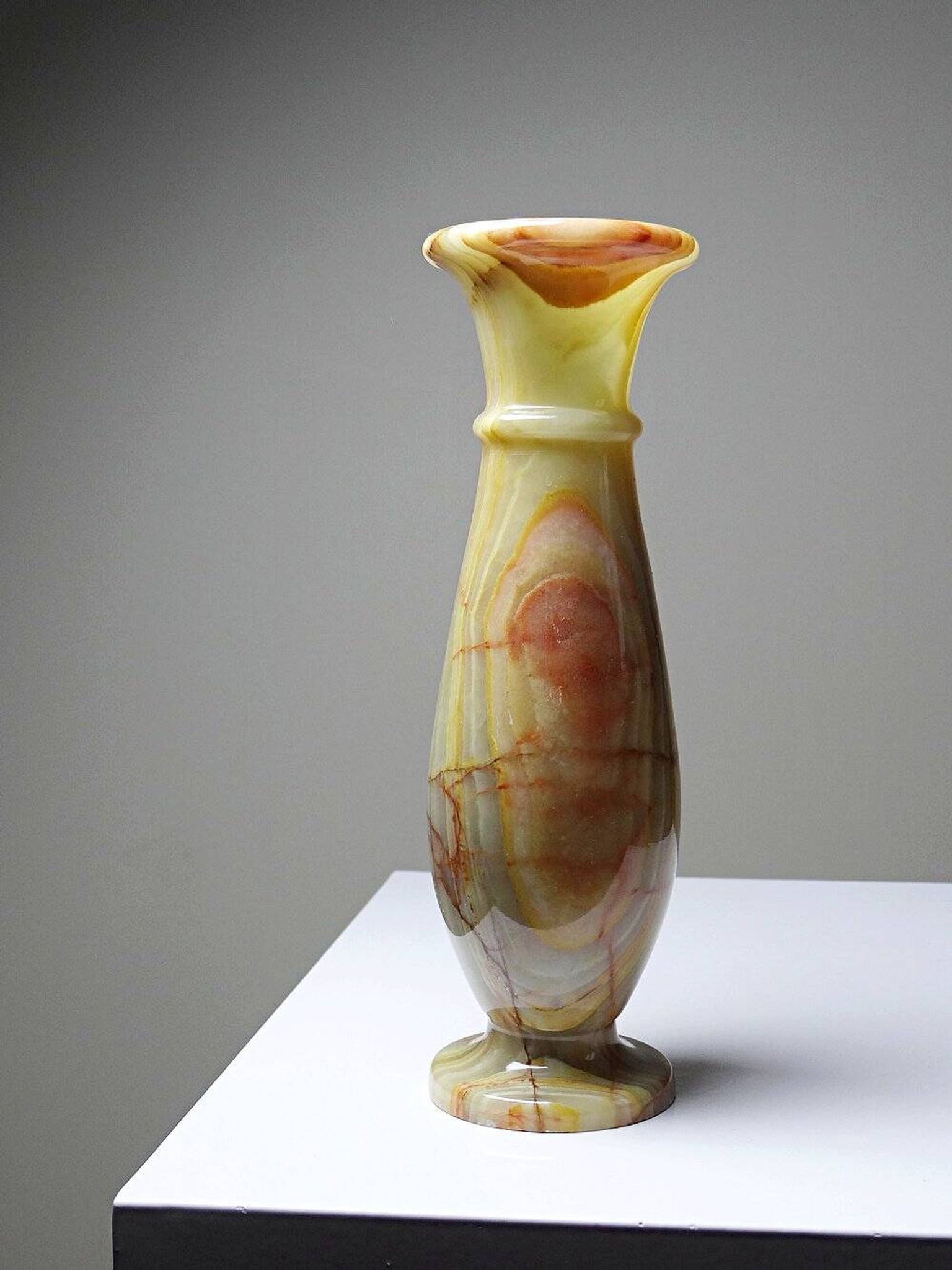 Small vintage baluster vase in green striped onyx, Italy, mid-century.