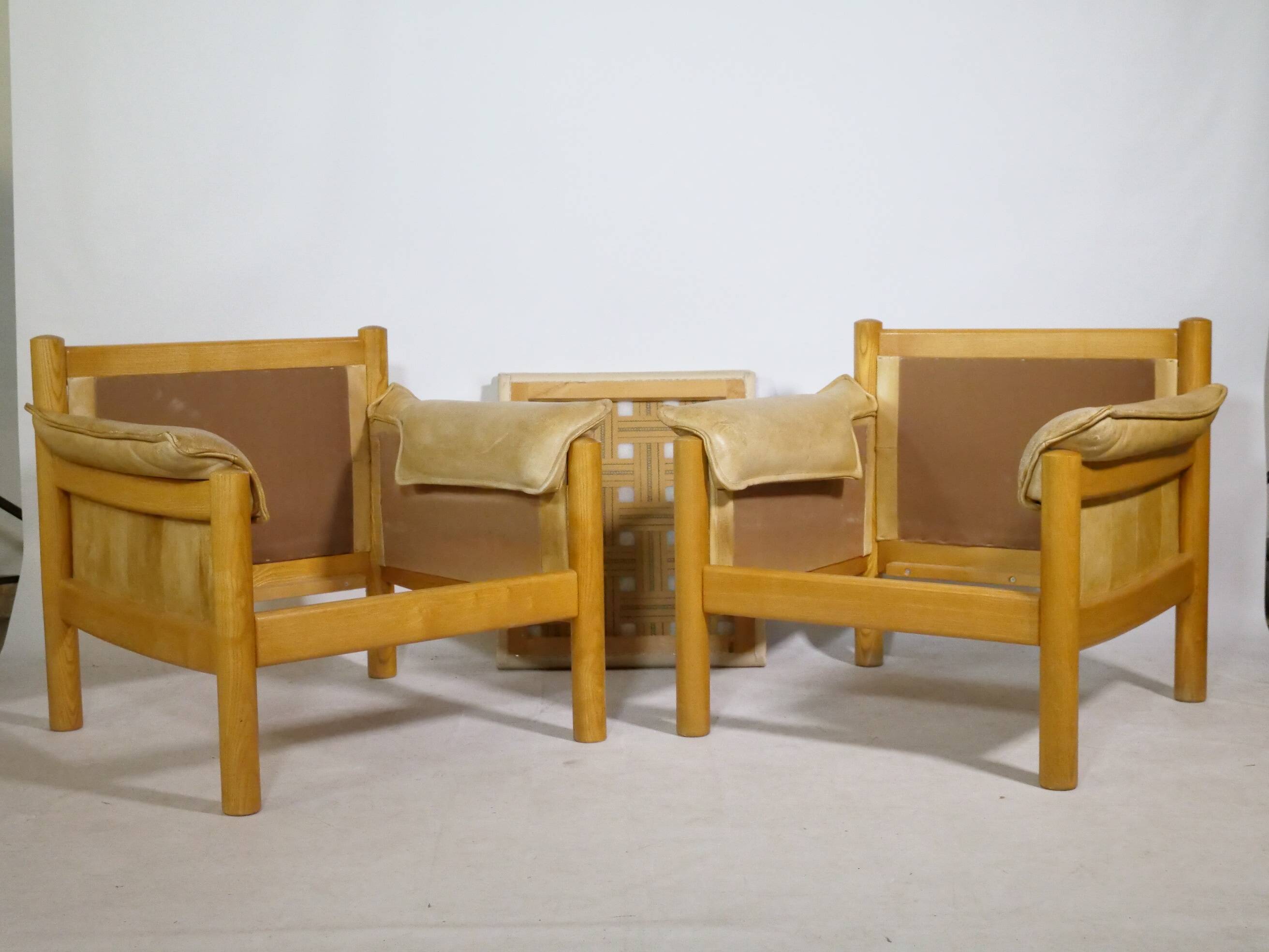 Mid-Century Camel Leather Armchairs with Ottomans, Set of 2, 1970s