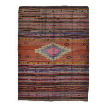 Tapis Kilim Anatolien Vintage – Rayures Ethniques, Tissé à la Main, 176x242 Cm