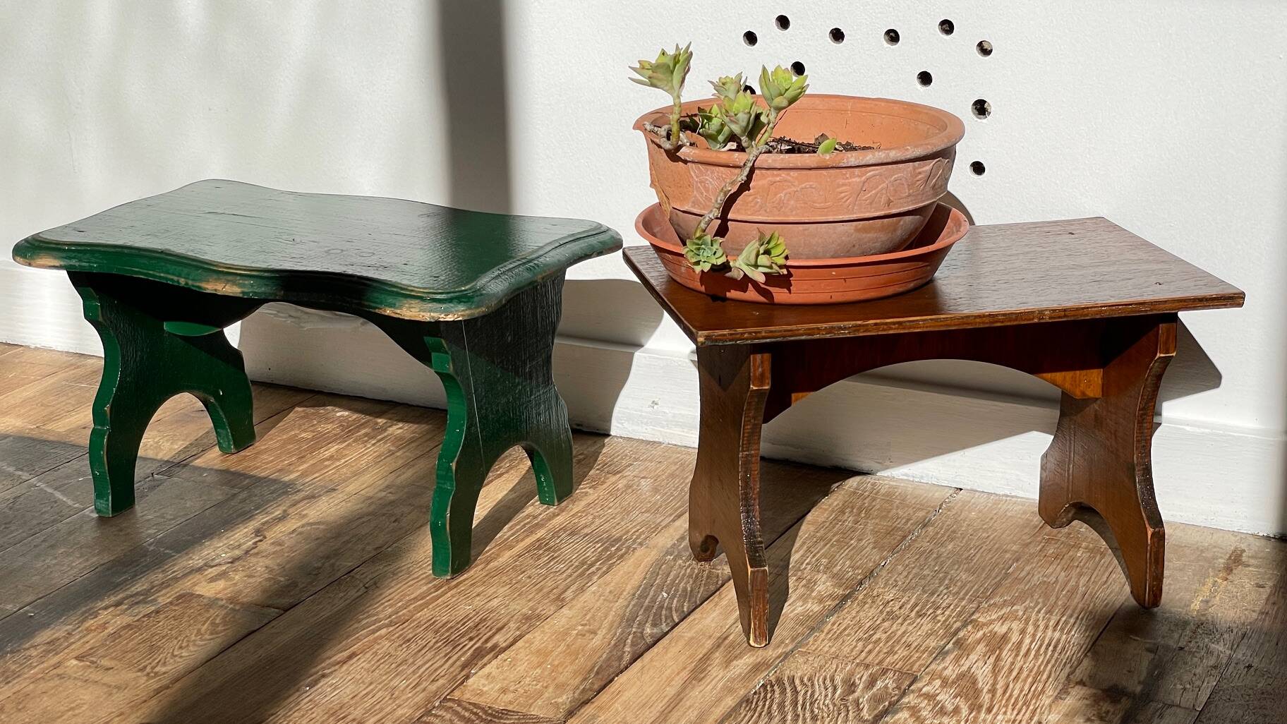 2 vintage wooden bar stools