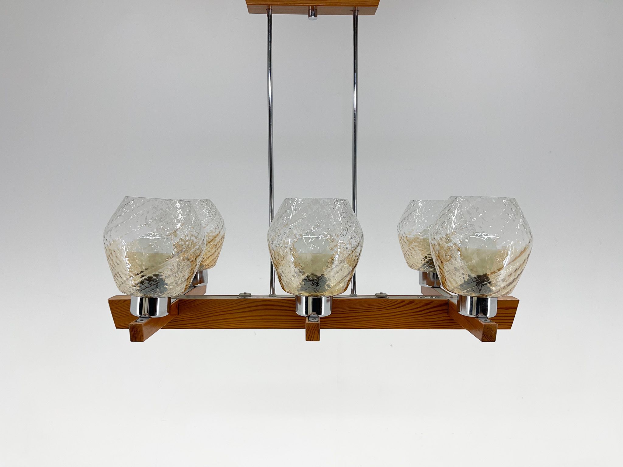 1970's Wood, Chrome & Glass Chandelier by Elektroinstala Decin, Labeled
