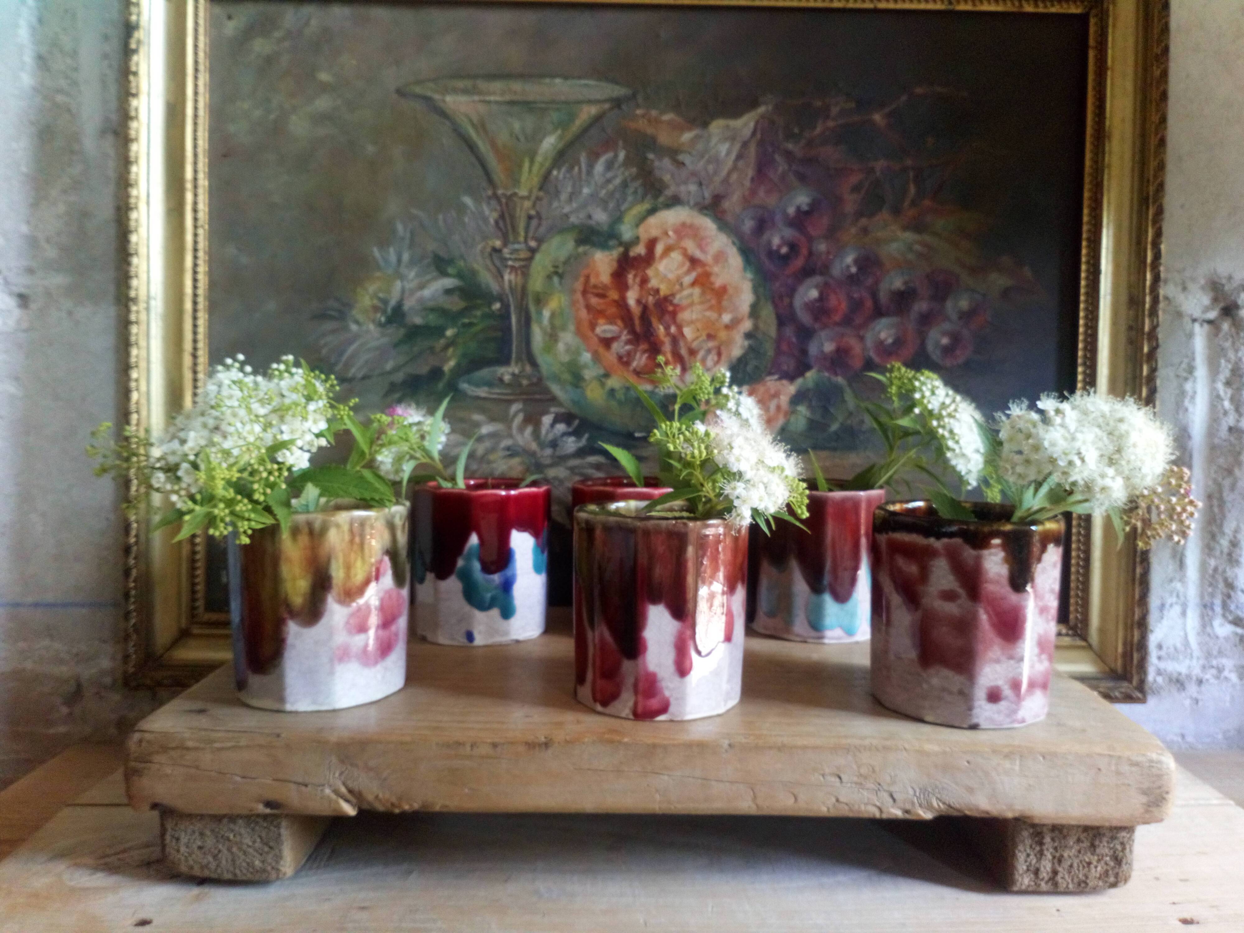 Six old yoghurt pots in enamelled porcelain