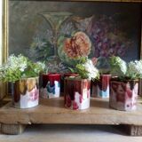 Six old yoghurt pots in enamelled porcelain