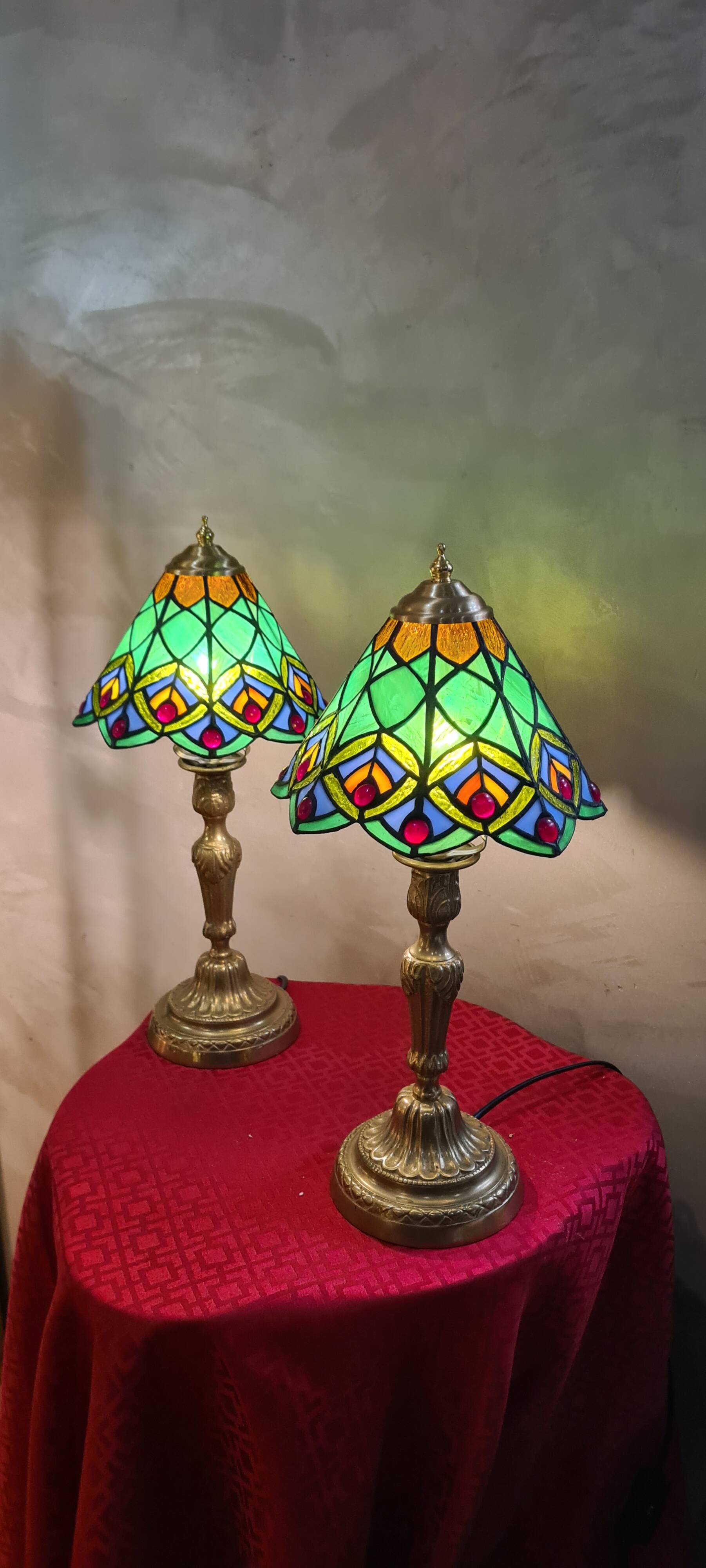 Pair of antique bronze lamps, glass lampshades, 44x21, stained glass, Tiffany style.