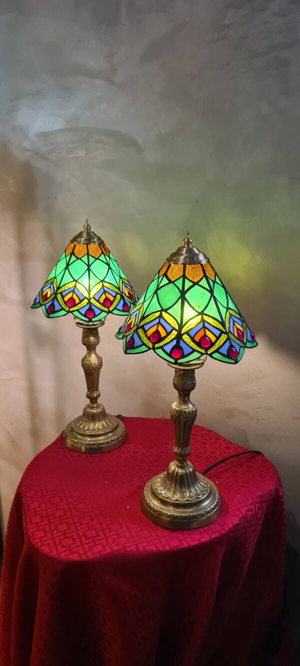 Paire lampe bronze ancienne abat jour verre 44x21 vitrail style tiffany