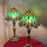 Pair of antique bronze lamps, glass lampshades, 44x21, stained glass, Tiffany style.