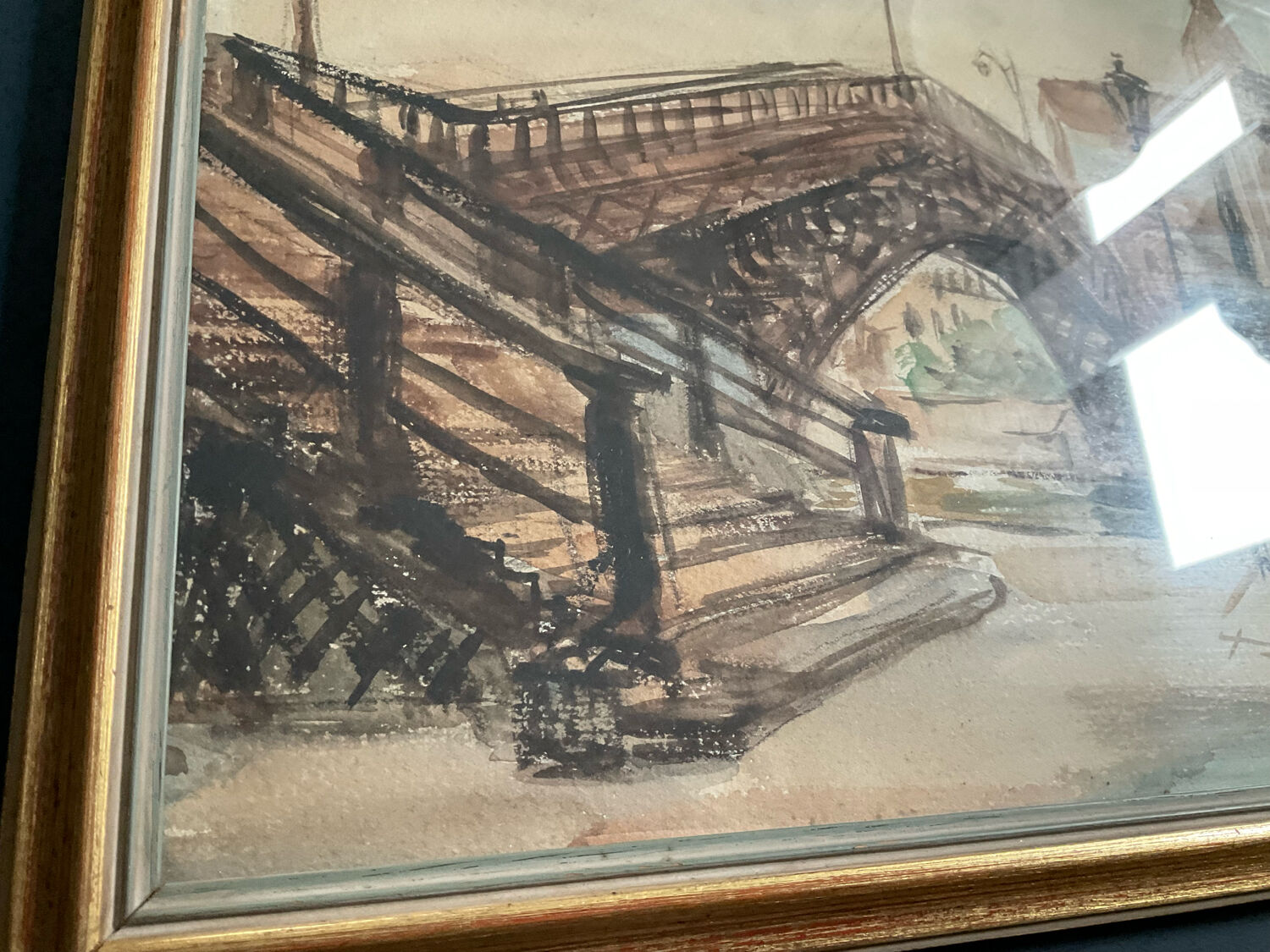 Tableau aquarelle signée avec cadre en bois doré
