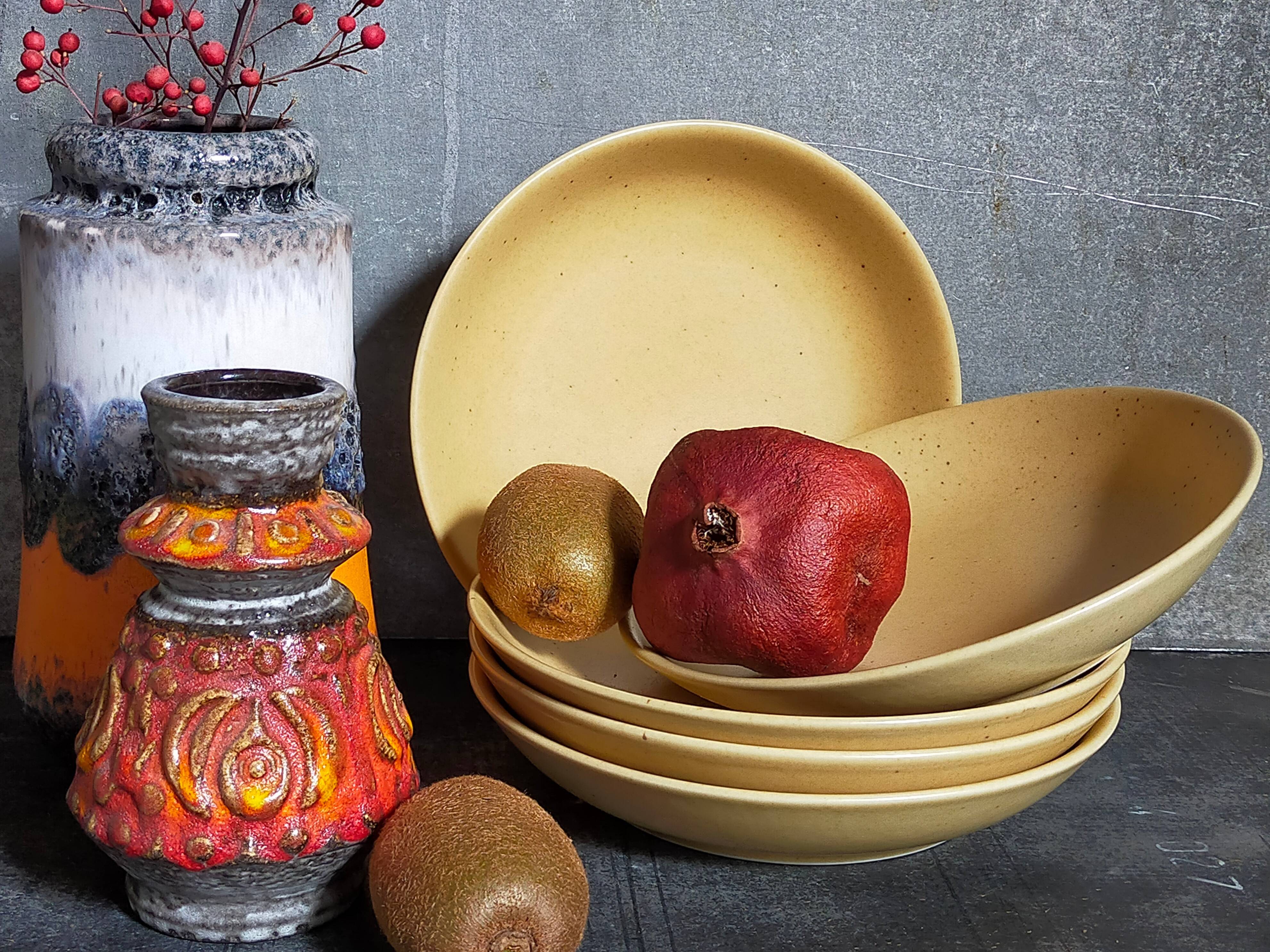 Five vintage natural stoneware soup plates