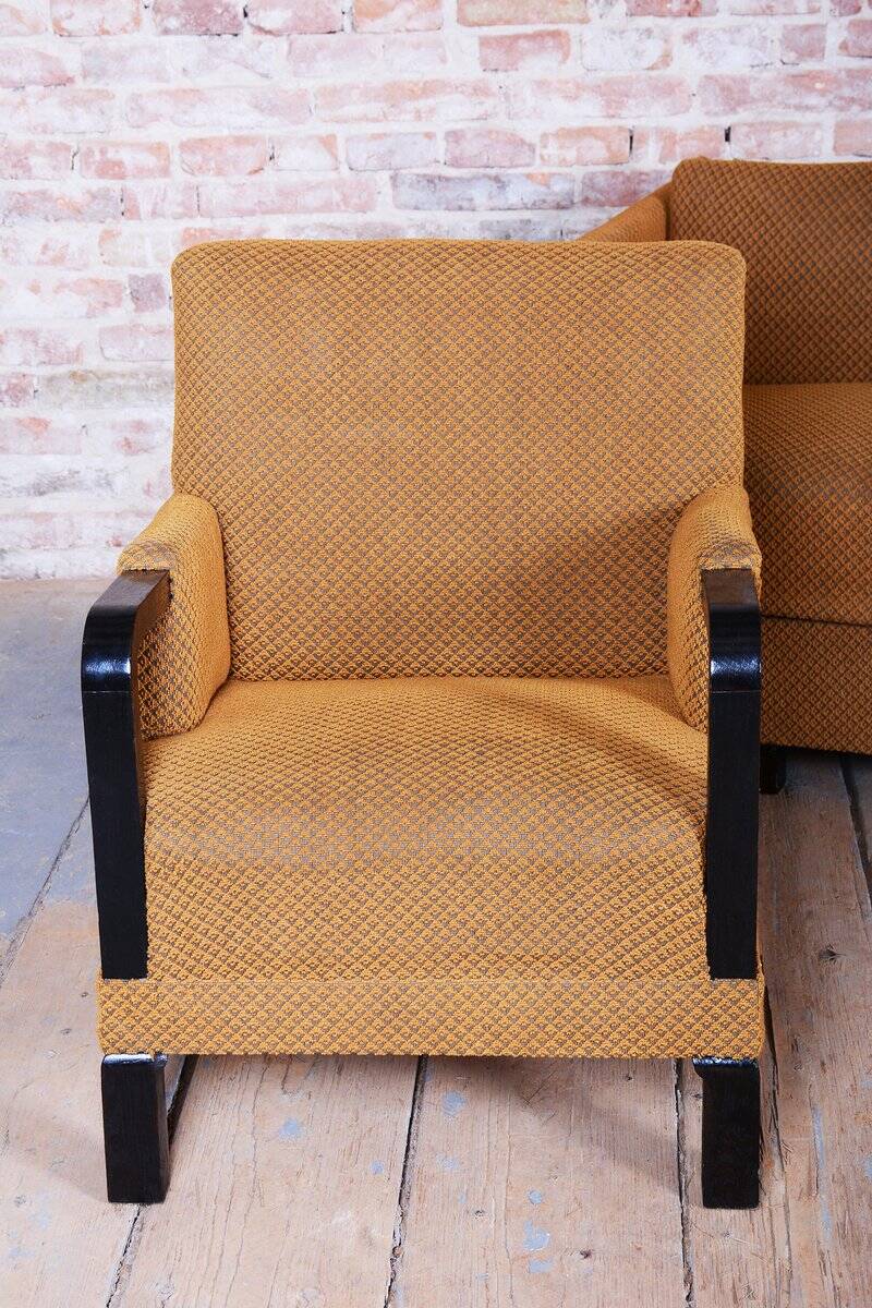 Czech Art Deco Sofas and Lounge Chairs in Beech and Oak attributed to Jindrich Halabala for Up Závody, 1930s, Set of 3