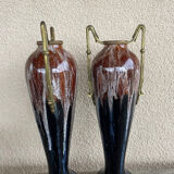 Two large stoneware vases with bronze fittings.