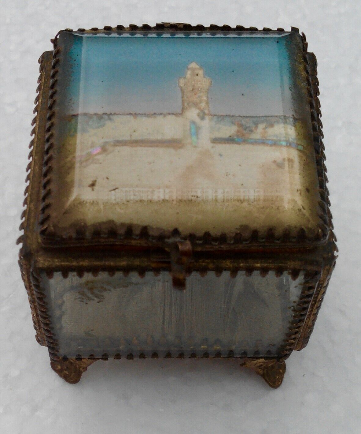 Jewel box antique, beveled glass and brass, Cherbourg the lighthouse