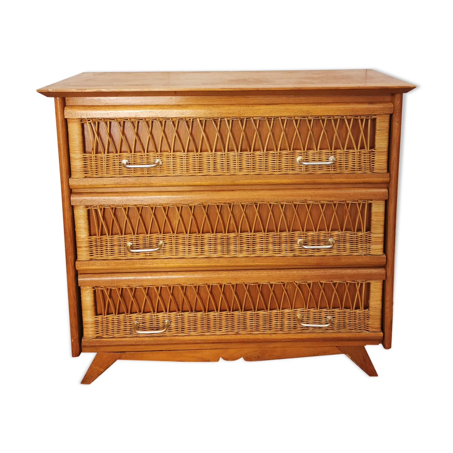 Vintage wood and rattan chest of drawers