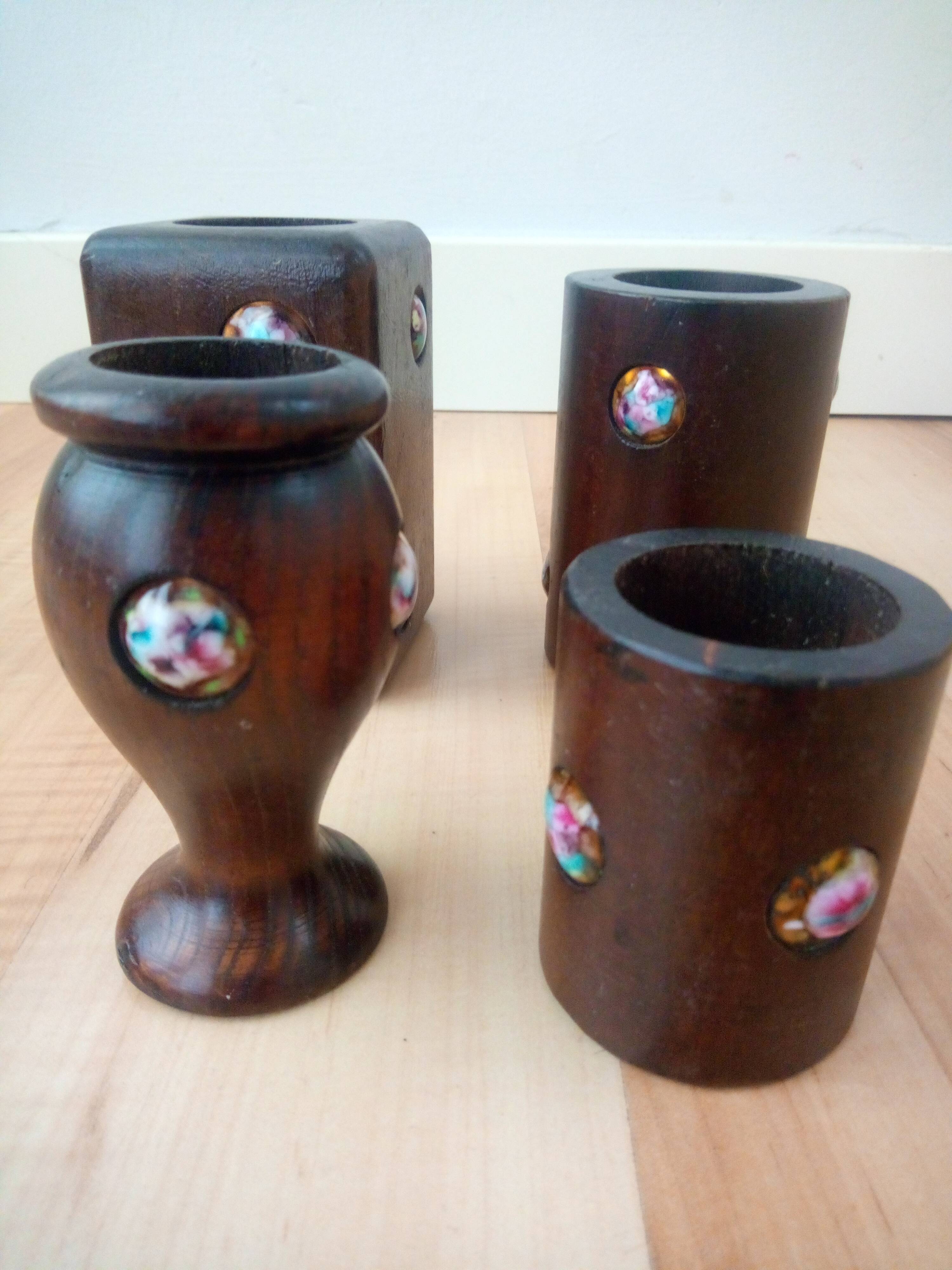 Set de bureau vintage, pots à crayon en bois et émaillé