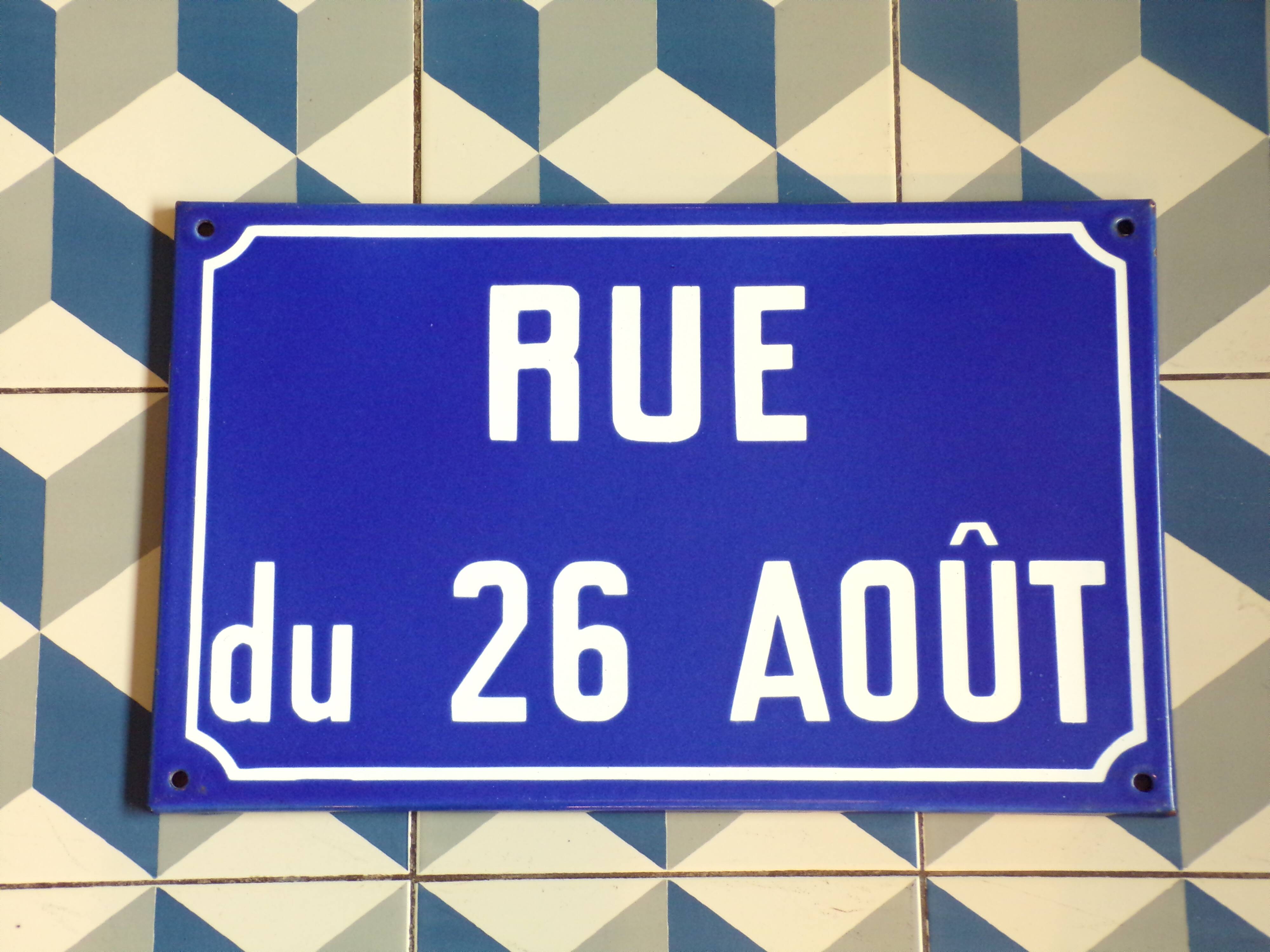 August 26 street sign in enameled sheet metal