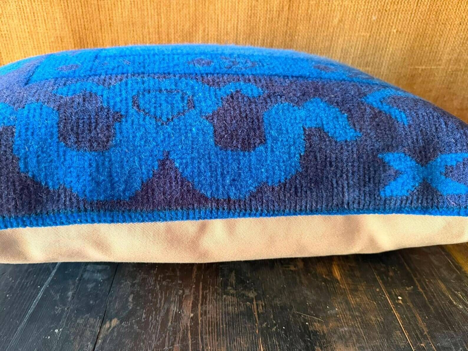 Electric Blue Vintage Turkish Rug Pillow, Hand-Stitched Wool Cushion