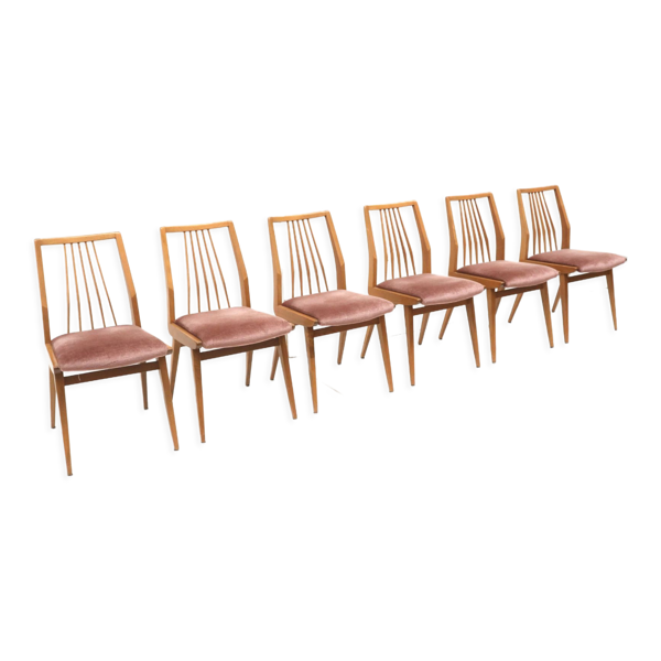 Lot de 6 chaises en velours rose fabriqué dans les années 60