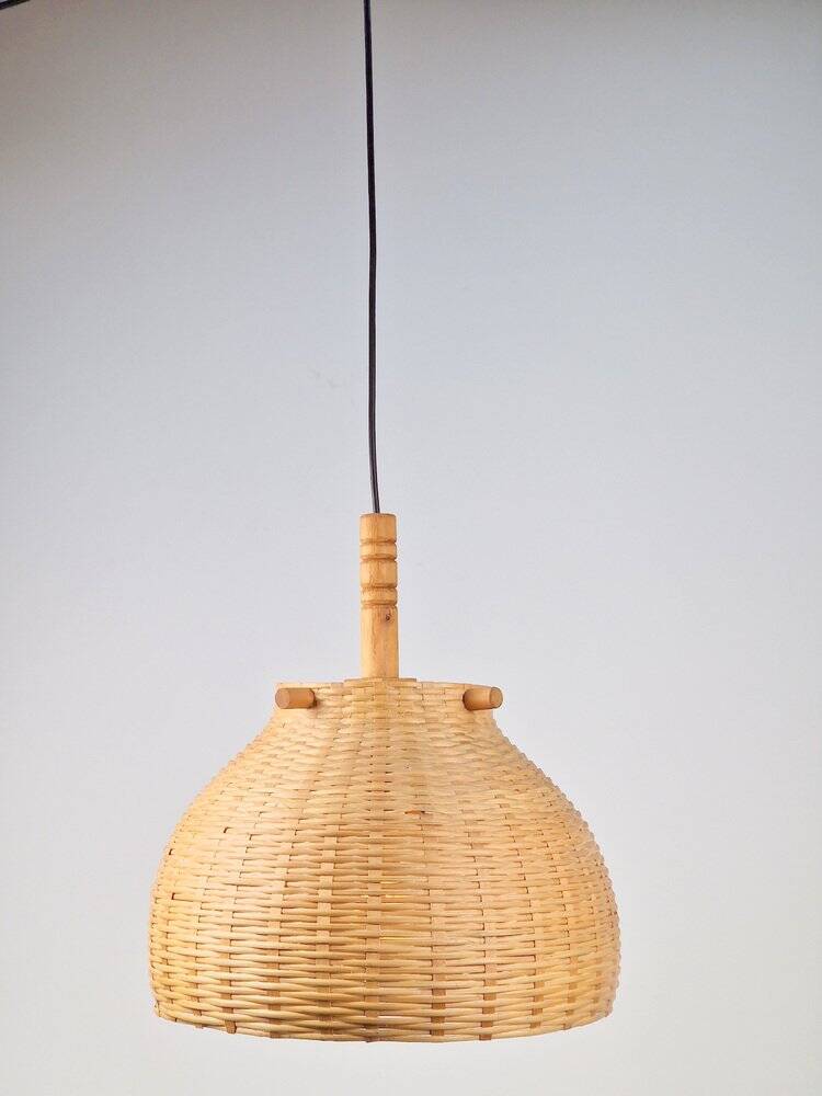 Scandinavian Wicker Rattan and Pine Pendant Lamp, 1960s