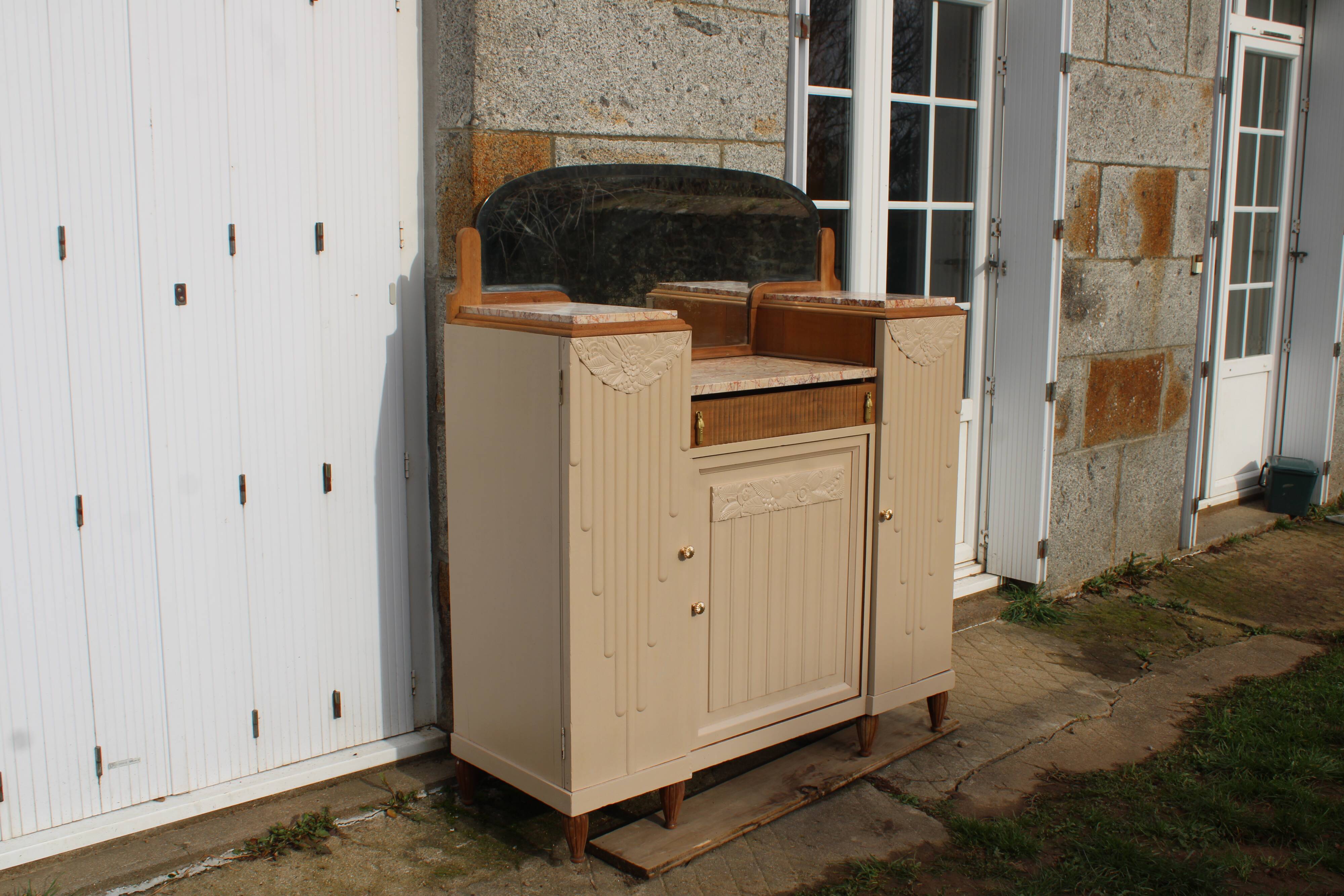 Renovated Art Deco buffet, pink marble and original mirror.