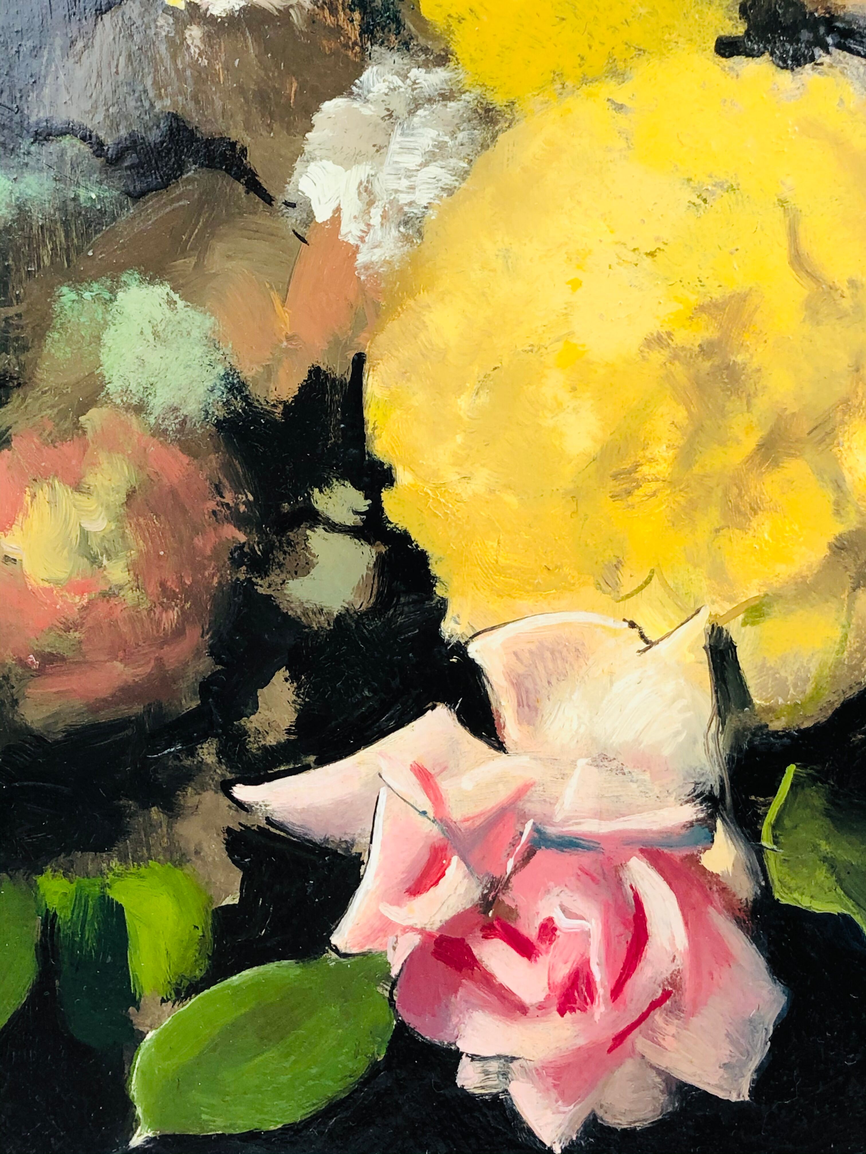 Oil on framed panel, "Bouquet of roses," 20th