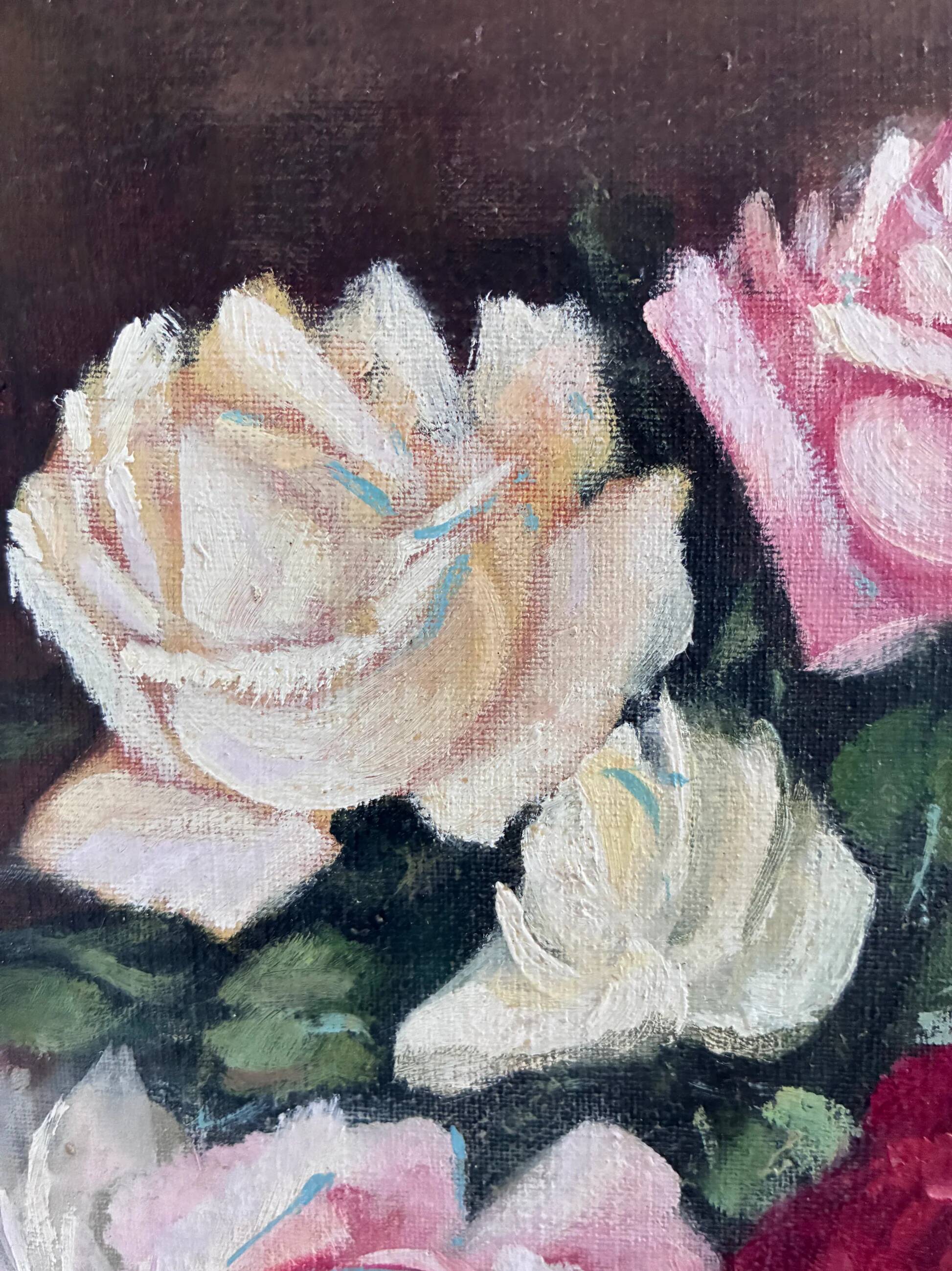 Vintage original floral rose oil painting, signed flower art