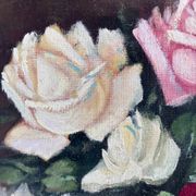 Vintage original floral rose oil painting, signed flower art