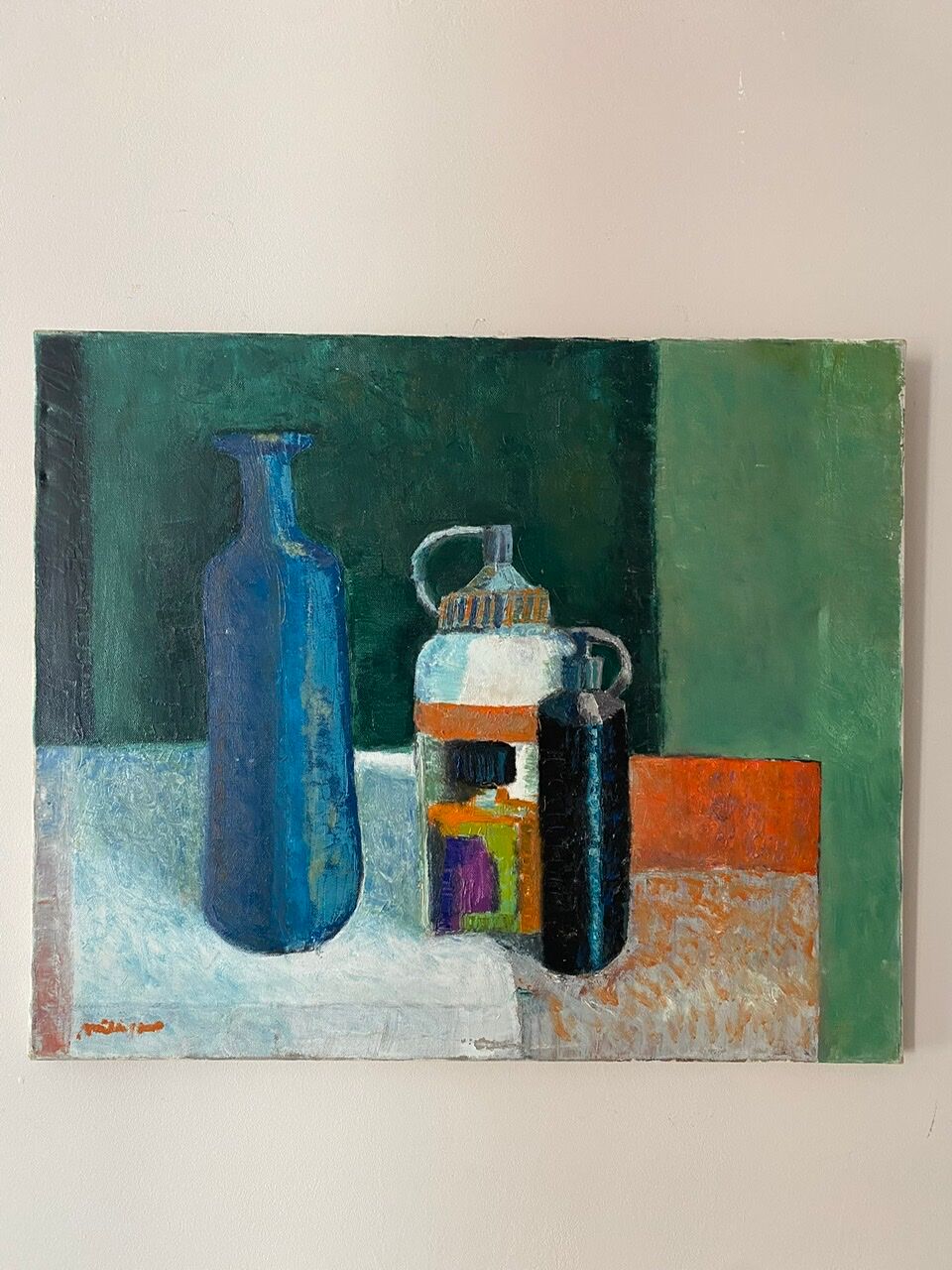 Old painting, still life with bottles signed Milliquet (1896-1982)