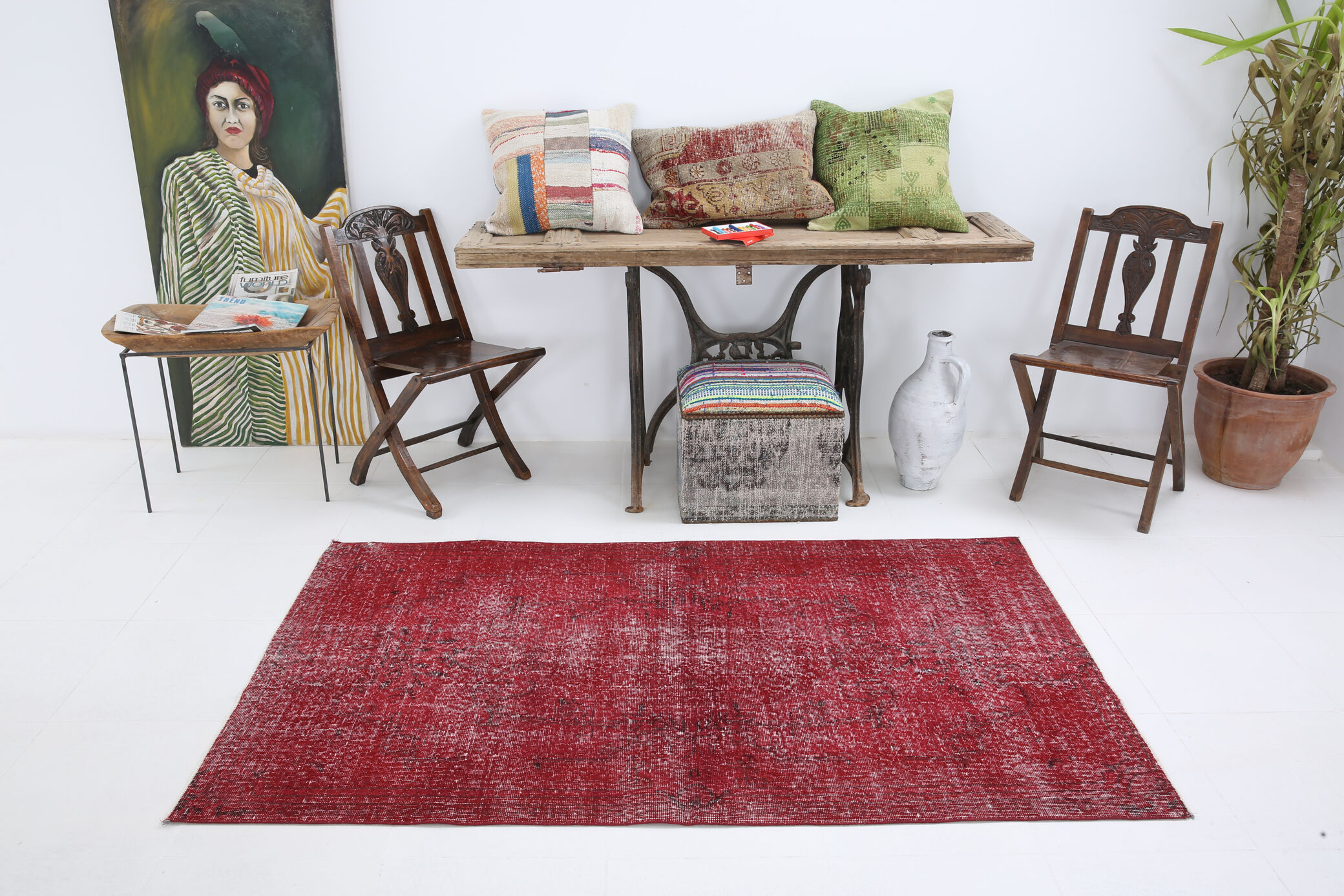 Tapis rouge affligé vintage 195x113cm