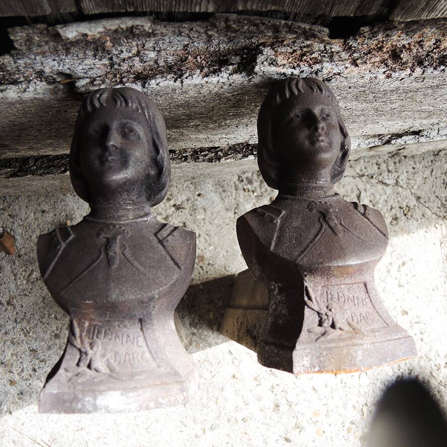 2 old Joan of Arc cast iron andirons
