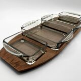 Plateau en teck et ses 4 raviers en verre empilables • Danemark • 1960