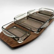 Teak tray and its 4 stackable glass dishes • Denmark • 1960