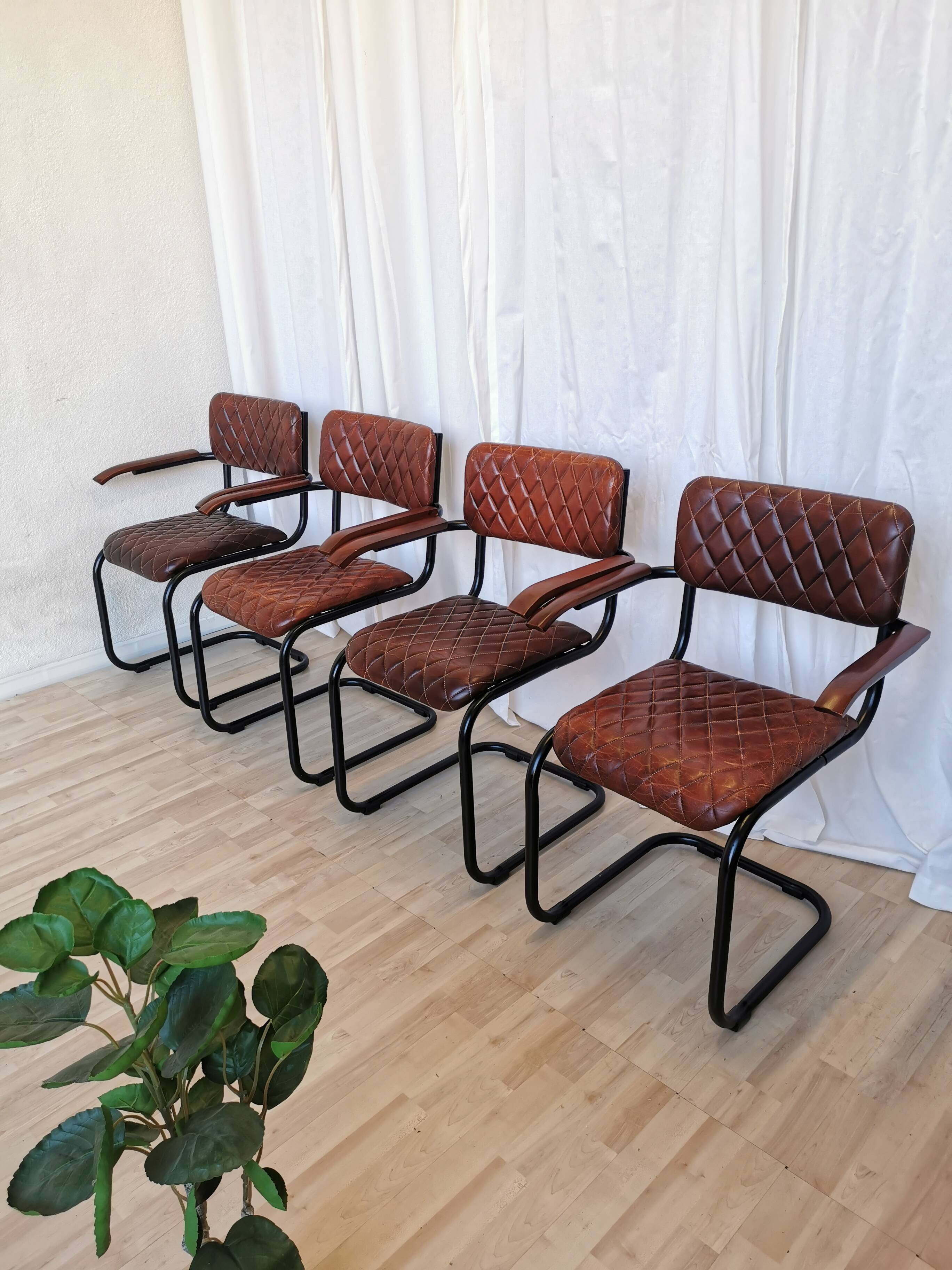 Set of 4 Vintage Quilted Leather Dining Chairs: Black Metal Base