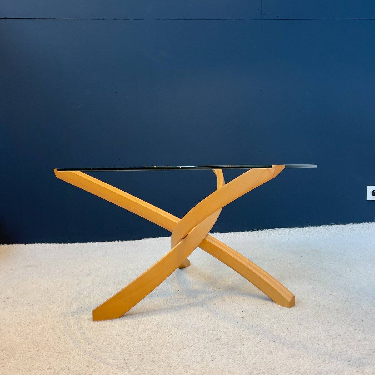 Table basse en hêtre et verre de Maison Regain, 1970