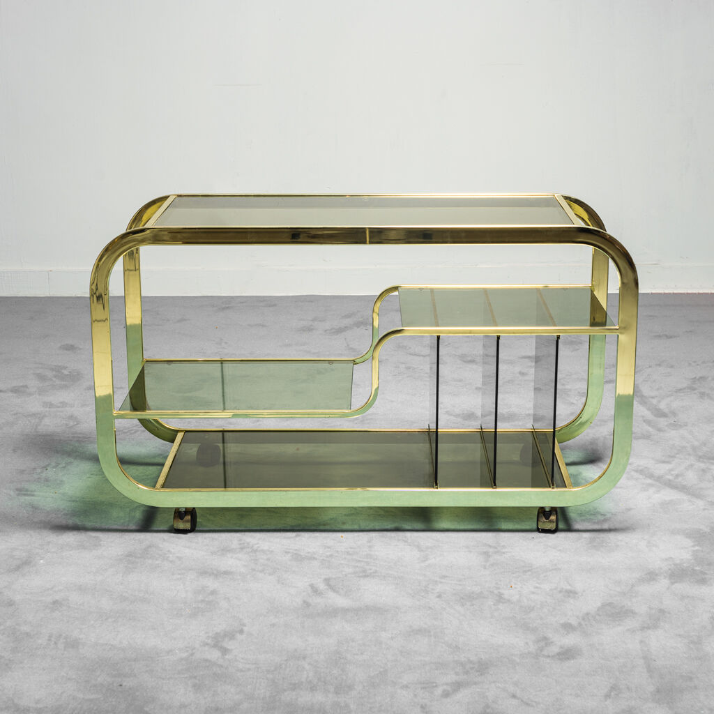 Bar cart in gilded metal smoked 70s glass vintage