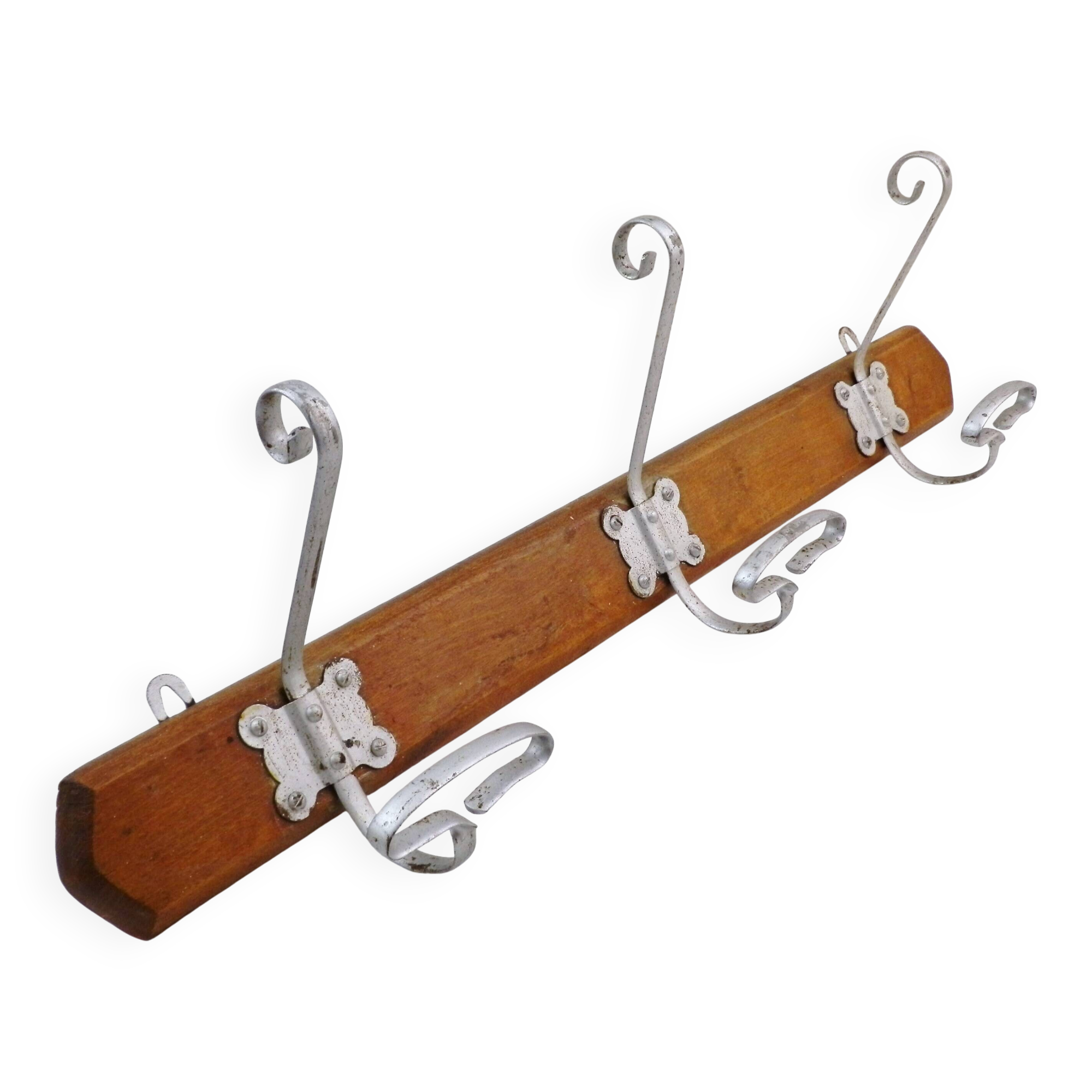Porte-manteau et porte-chapeaux ancien à 3 crochets en bois et métal, style rustique français, accessoire de salle de bain, France