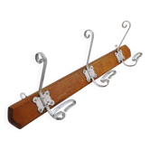 Antique coat and hat rack with 3 hooks in wood and metal, French farmhouse entryway wardrobe, bathroom accessory, France